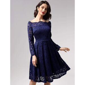 Vintage Floral Lace Long Sleeve Boat Neck Cocktail Party Swing Dress